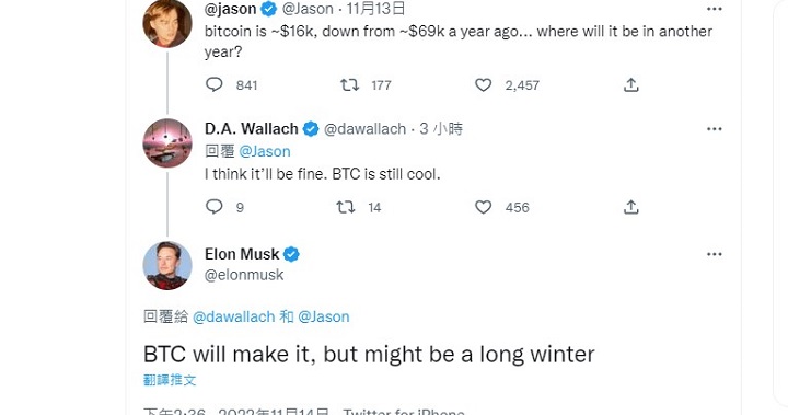 馬斯克：比特幣會挺過去的，但可能會經歷一個漫長寒冬