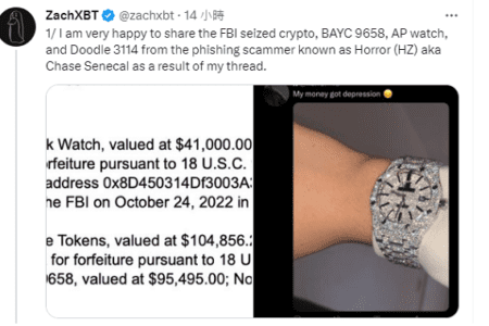 炫耀名錶露餡？在 ZachXBT 的調查後，FBI 出手扣押駭客的 NFT 與 ETH