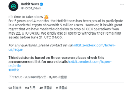 Hotbit 交易所宣布結束營運，用戶需在 6 月 21 日前提領剩餘資產